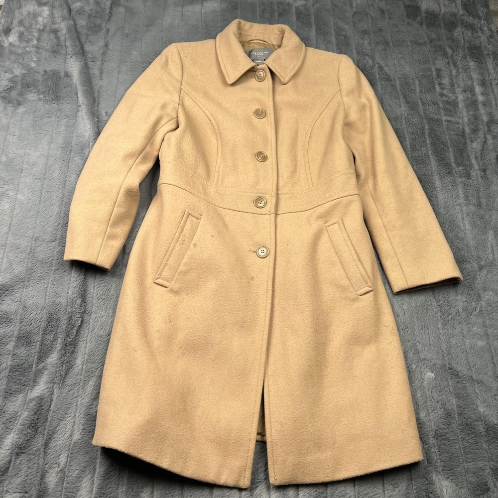 Ann Taylor Coat Womens 8P Beige Wool Overcoat Petites Collared Lined Pockets